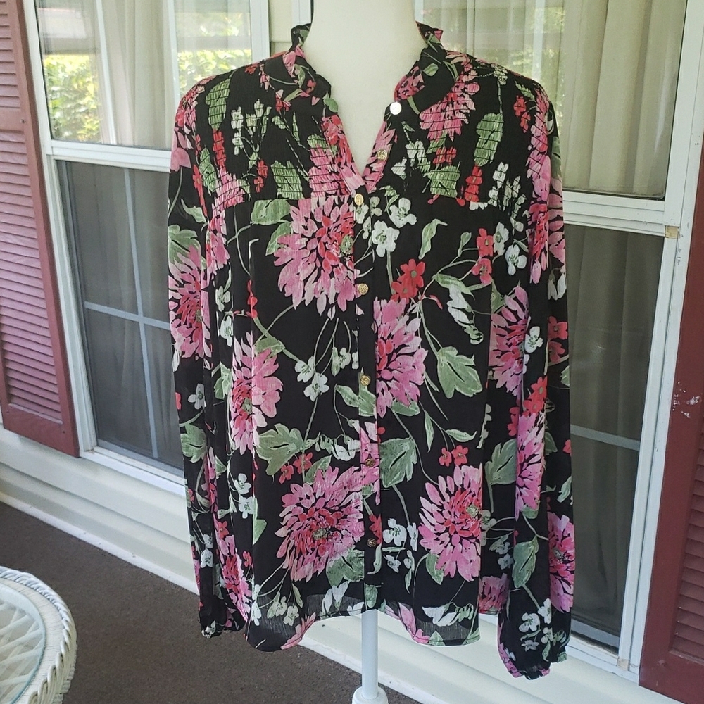 Draper James Floral‎ Button-Up Semi-Sheer Sleeve Blouse